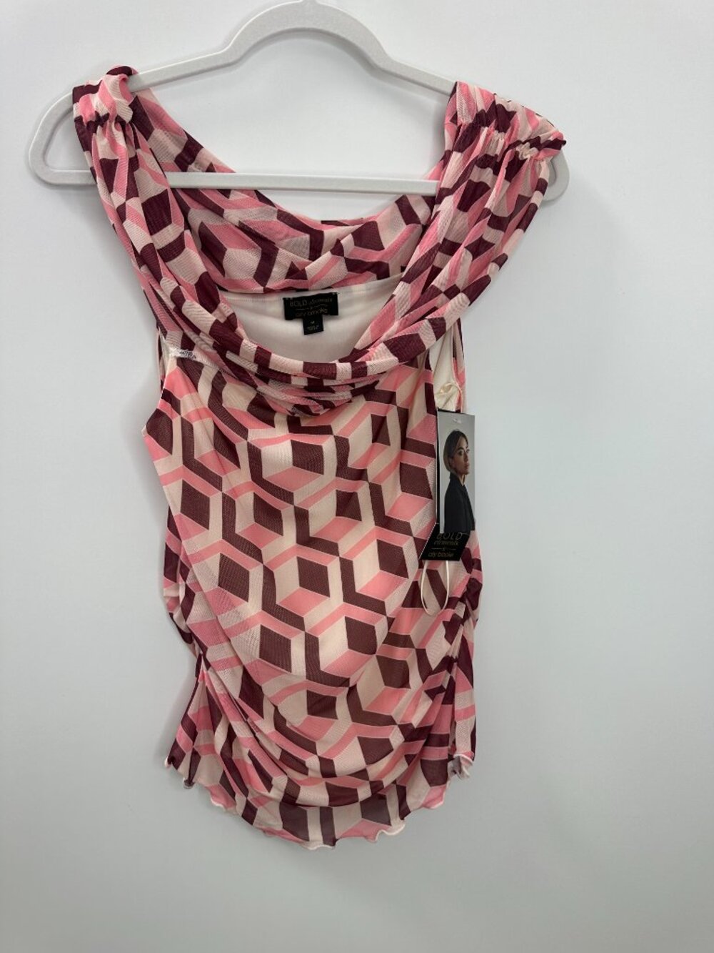 NWT Bold Elements x Ally Brooke Geo Print Mesh Top Ruched Off Shoulder Office - Picture 2 of 8